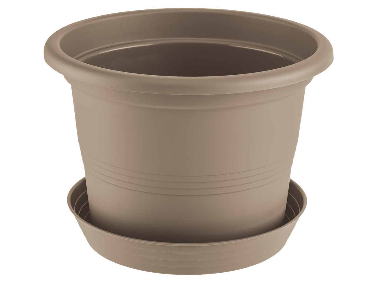 Vaso de planta Parkside bege com prato sobre fundo preto.