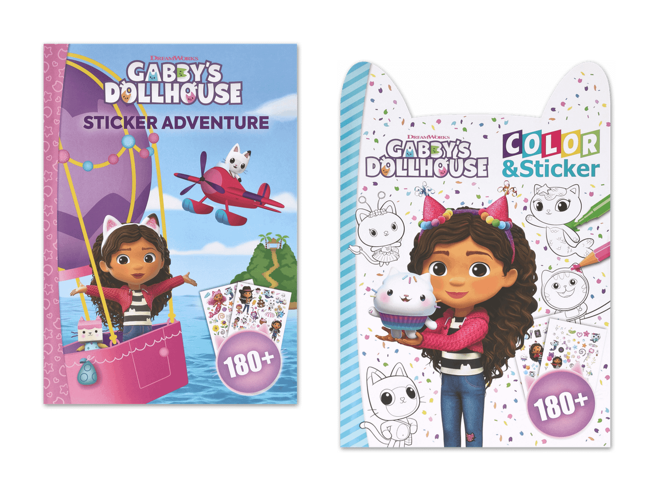 Zwei Gabby's Dollhouse Sticker- und Malbücher mit Gabby und Katzenfiguren.