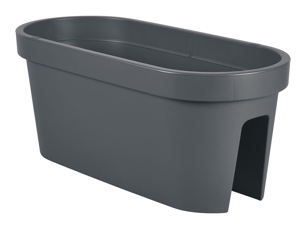 Dark grey oval balcony planter with a cut-out for railing attachment.