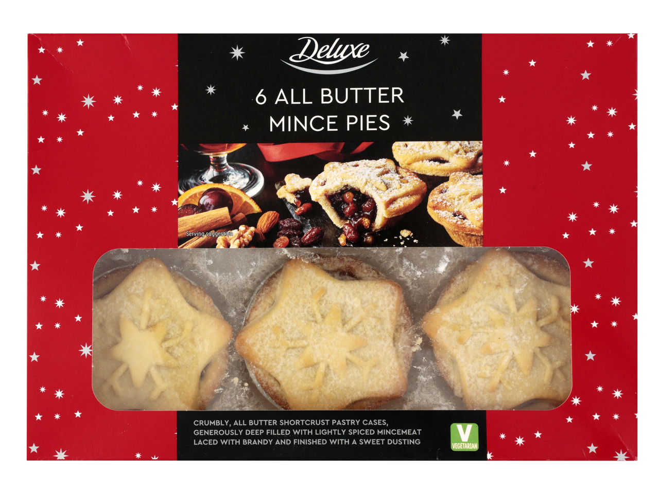 Deluxe 6 All Butter Mince Pies with festive packaging and a serving suggestion.