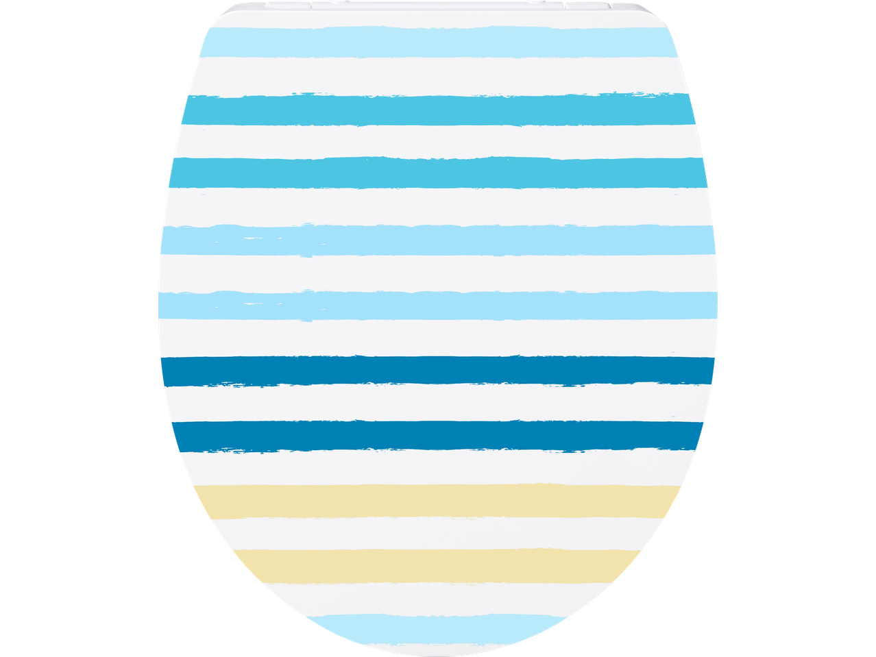 Toilet seat with horizontal stripes in shades of blue, white, and yellow.