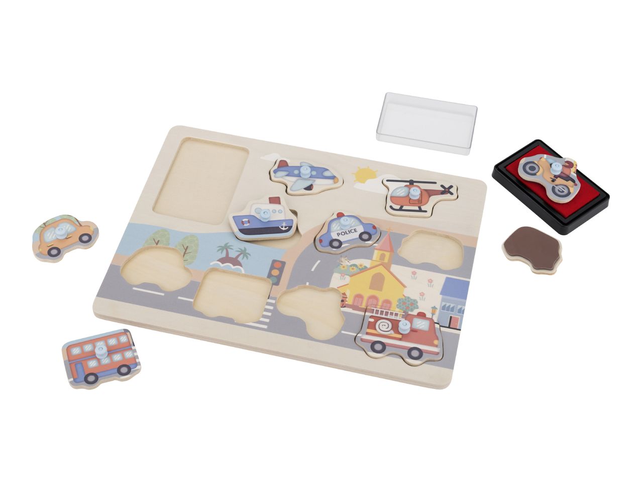 Wooden vehicle puzzle with stamps, featuring a city road design.