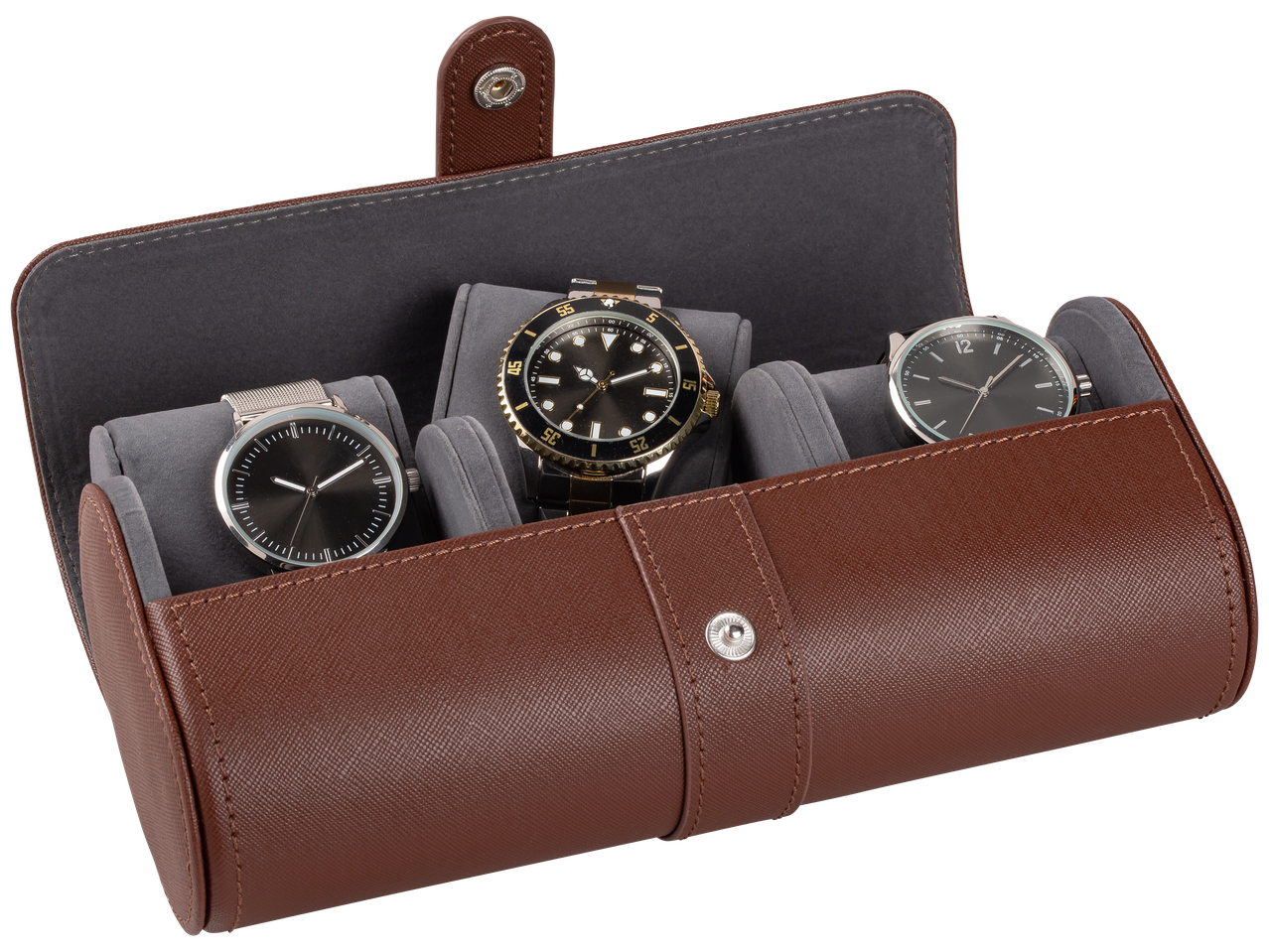 Trois montres-bracelets dans un étui de voyage en cuir marron.