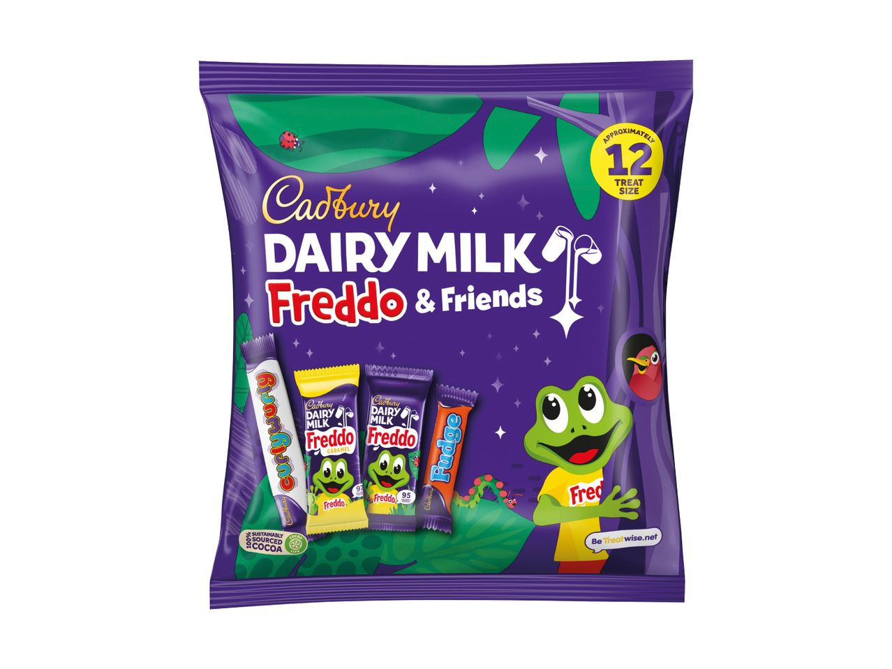 Cadbury Dairy Milk Freddo & Friends treat size bag with various chocolates.