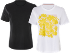 Två t-shirts, en svart och en vit med gula blommor.