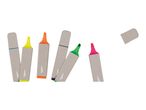 A set of six highlighters in various colors, including yellow, orange, blue, green, and pink.