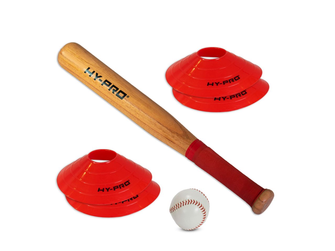 HY-PRO baseball bat, baseball, and training cones.