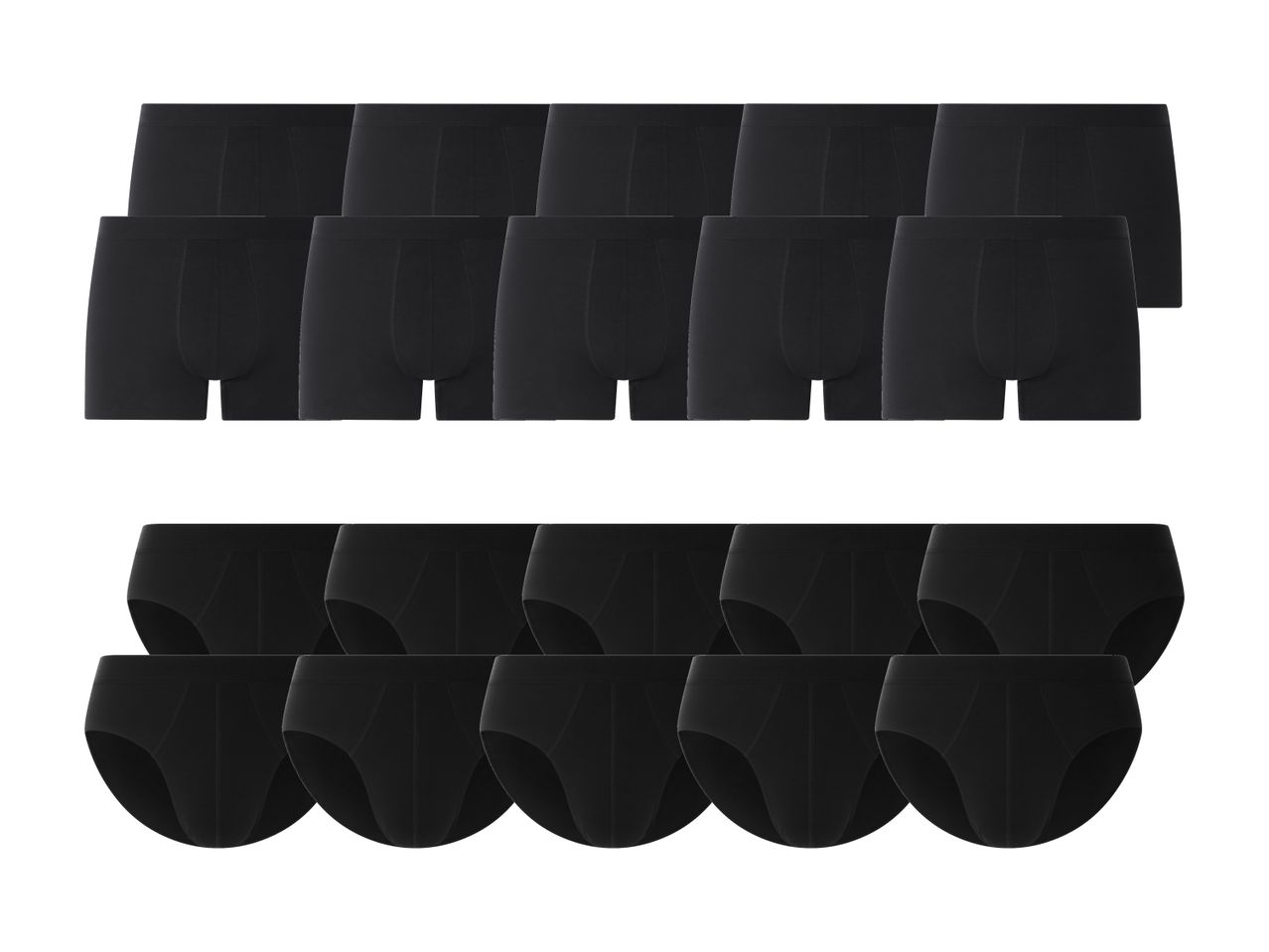 Et sæt med 12 sorte underbukser, 6 boxershorts og 6 briefs.