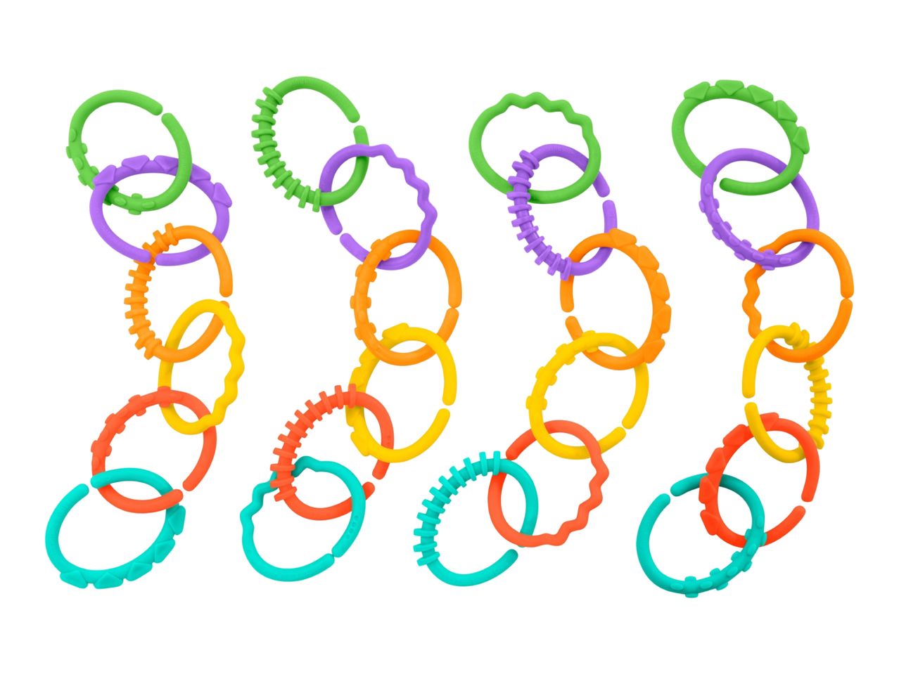 Four colorful chains of baby teething rings in green, purple, orange, yellow, red, and teal.