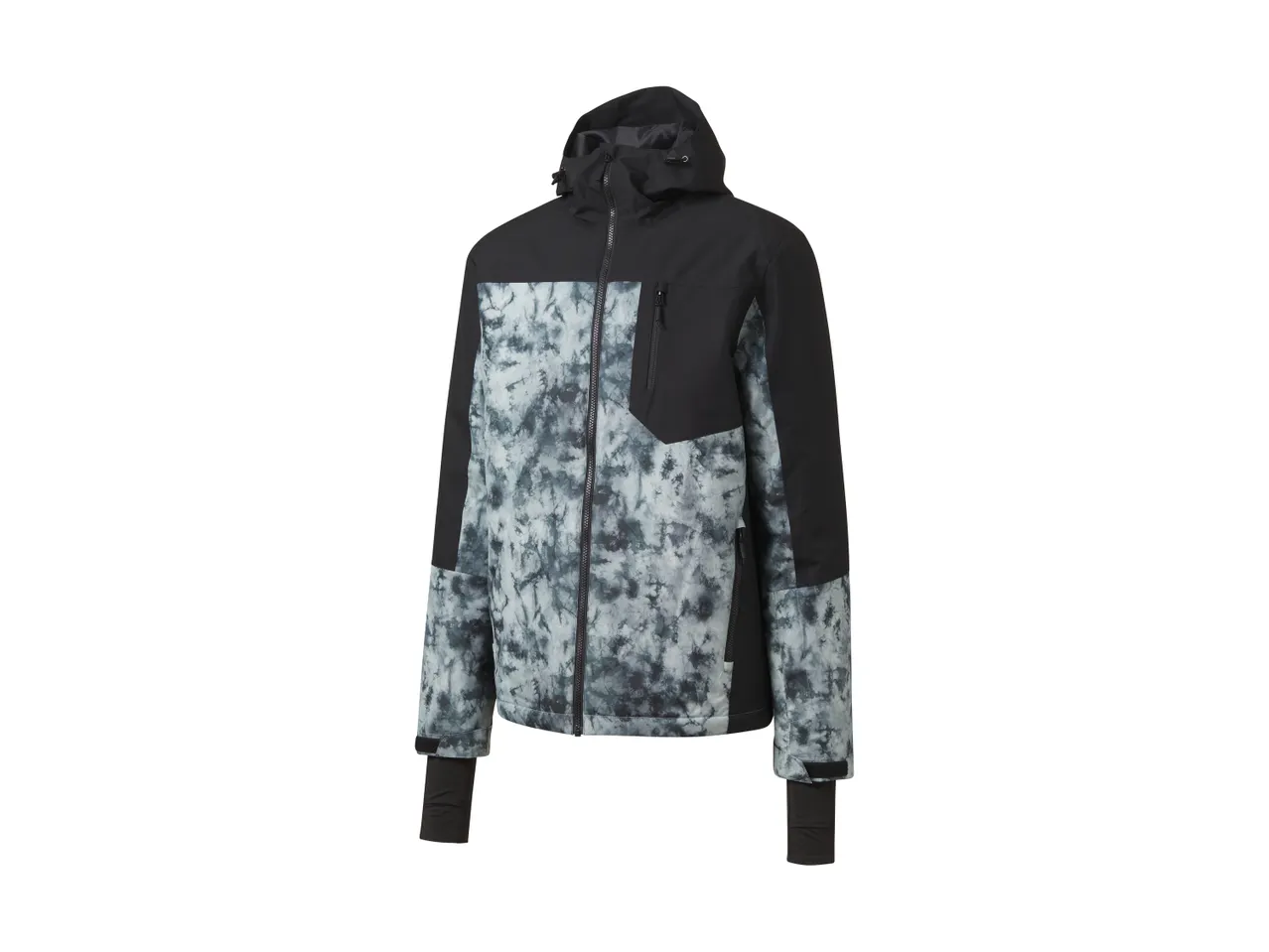 Black and grey tie-dye pattern ski jacket with a hood and black accents.
