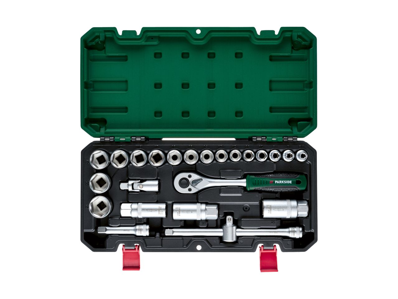 Open green and black socket wrench set with various sockets, a ratchet, and extensions.