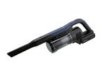 Dark blue and black handheld vacuum cleaner with a transparent dustbin and a crevice nozzle.