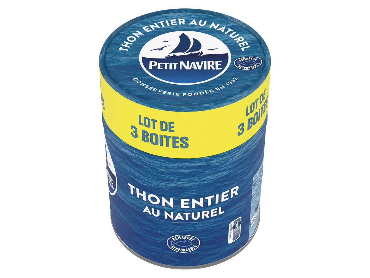 Trois boîtes de thon Petit Navire au naturel.
