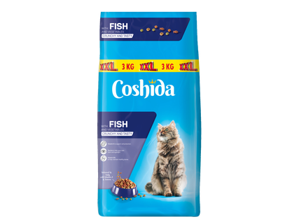 Mâncare pentru pisici Coshida, sac de 3 kg, cu pește și legume.