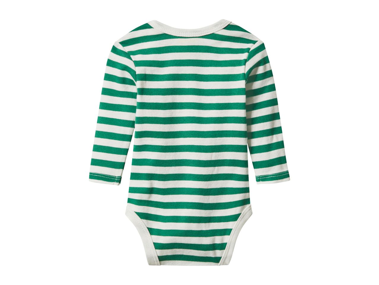 Green and white striped long-sleeve baby bodysuit, back view.