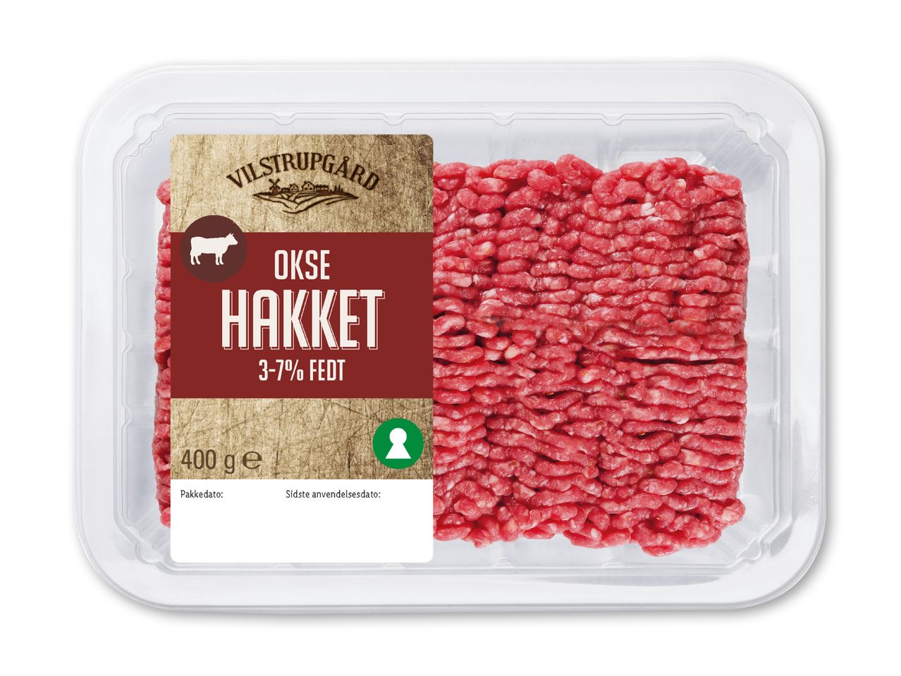 Pakke med hakket oksekød fra Vilstrupgaard, 3-7% fedt, 400 g.