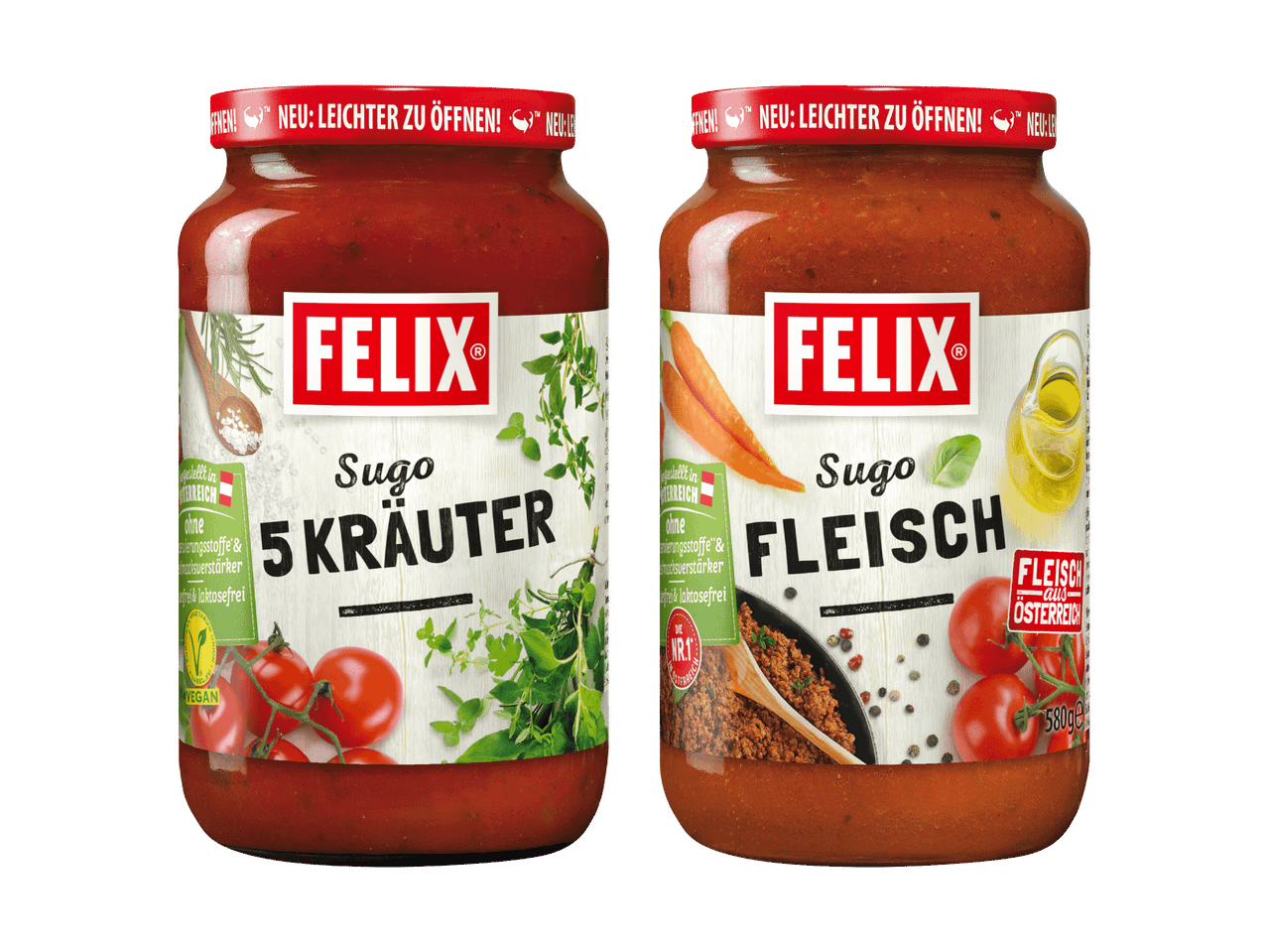 Zwei Gläser Felix Sugo: 5 Kräuter (vegan) und Fleisch (aus Österreich).