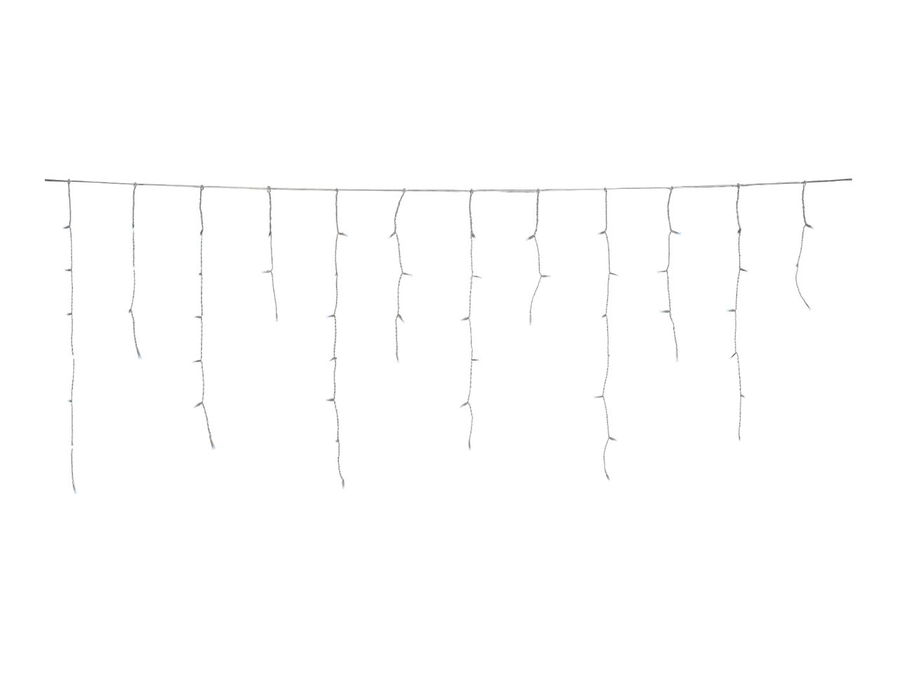 White icicle string lights with small bulbs on a white background
