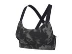 Women's sports bra with a black and grey tie-dye pattern and criss-cross straps.