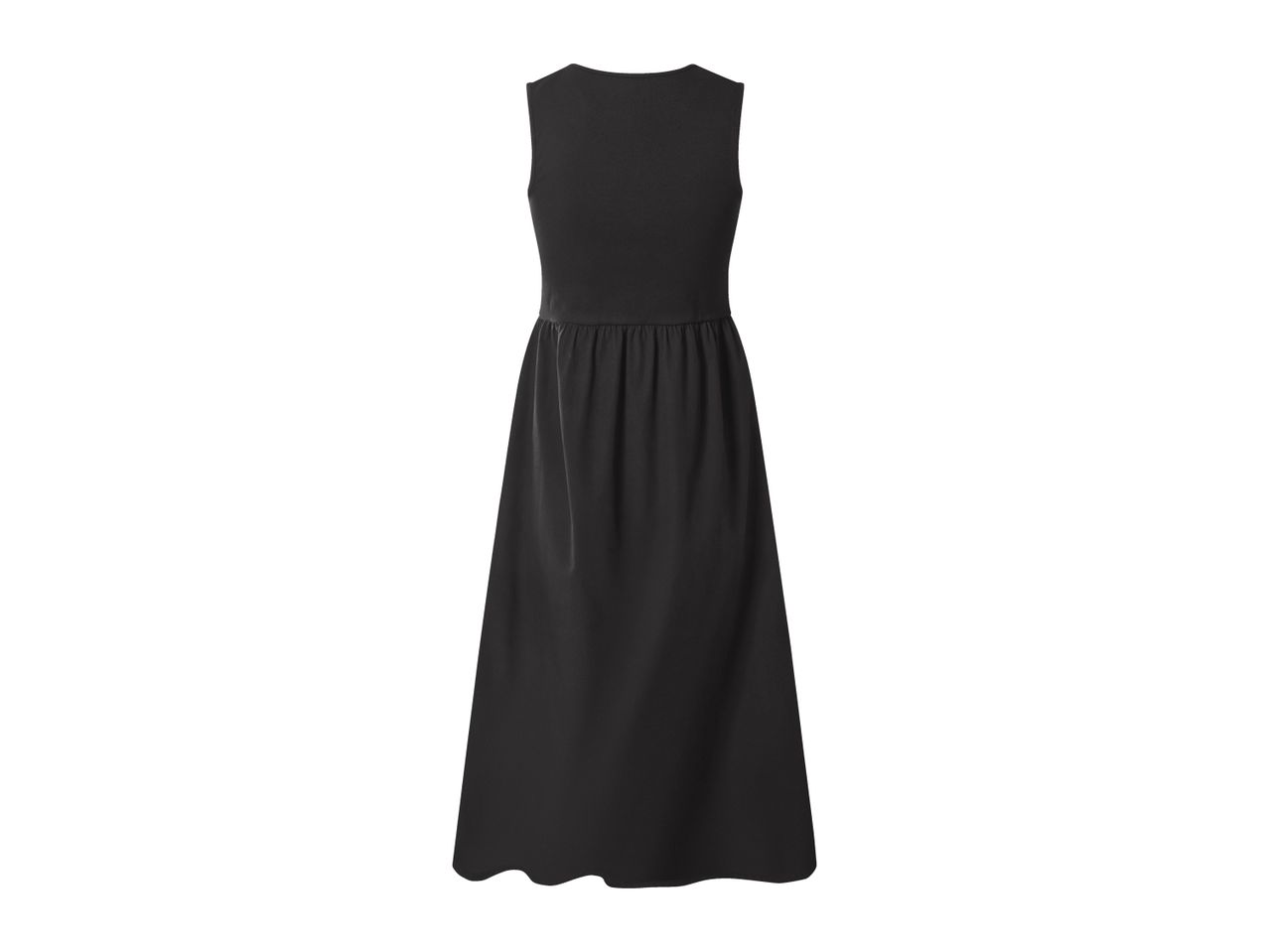 Back view of a plain black sleeveless maxi dress with a gathered waist.