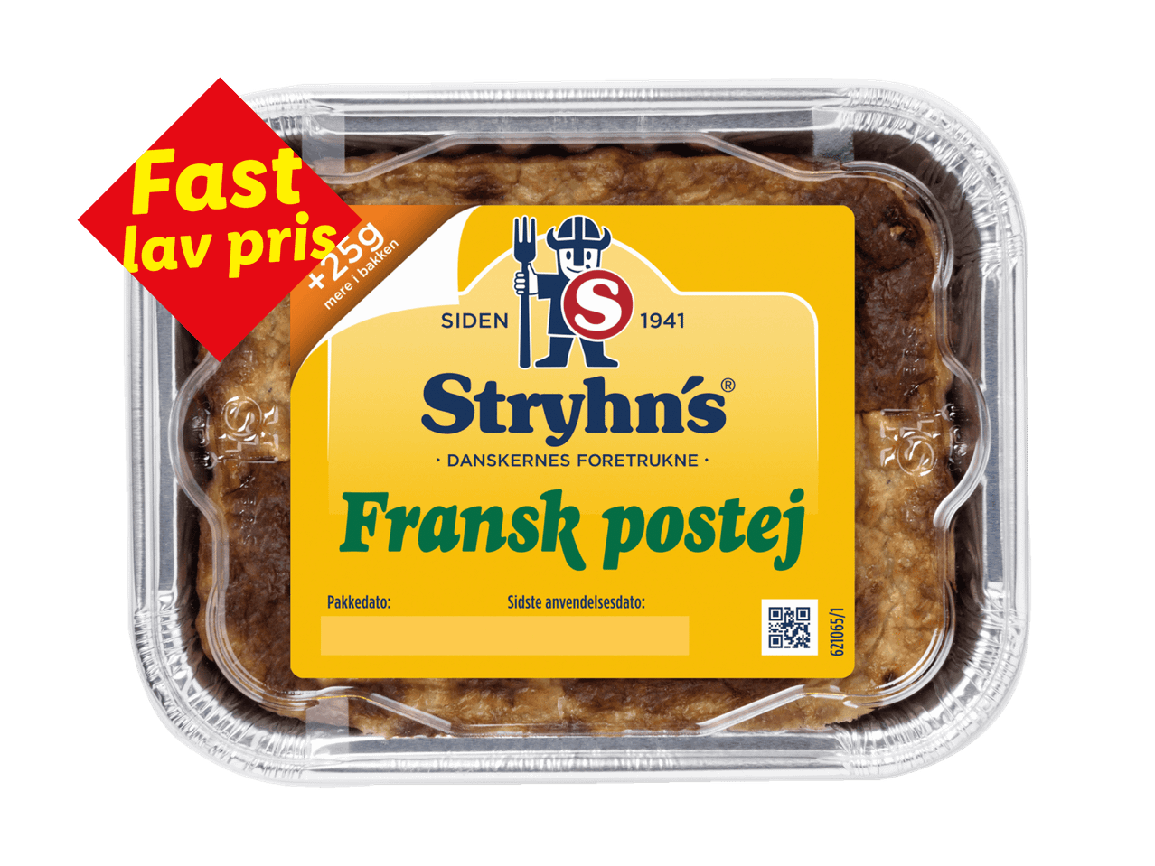 Fransk postej i foliebakke med et rødt mærke, der angiver 'Fast lav pris' og '+25g mere i bakken'.