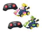 Zwei ferngesteuerte Mario Kart Rennwagen mit Peach und Luigi.