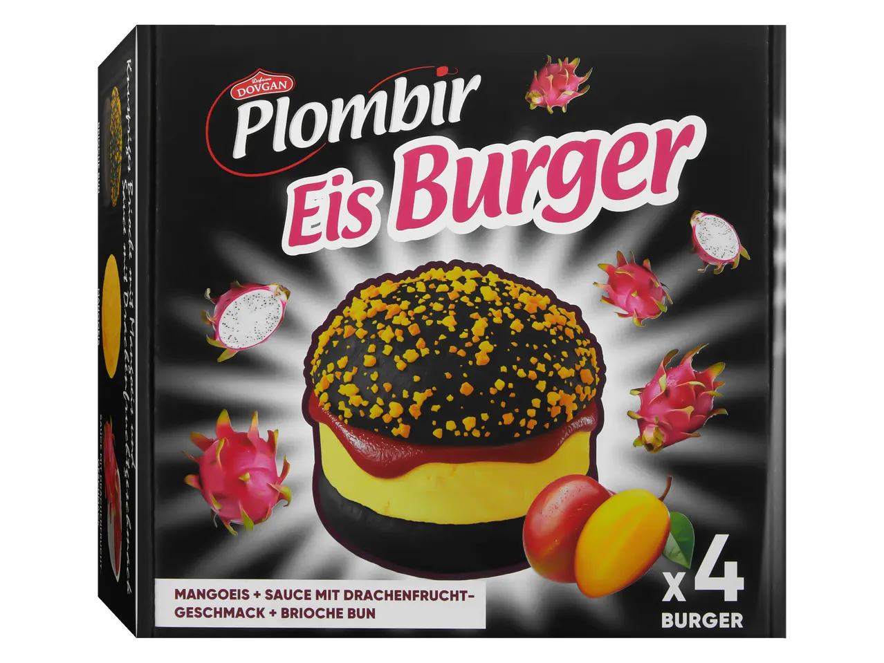 Dovgan Plombir Eis Burger: 4 ijs-hamburgers met mango en drakenvrucht.