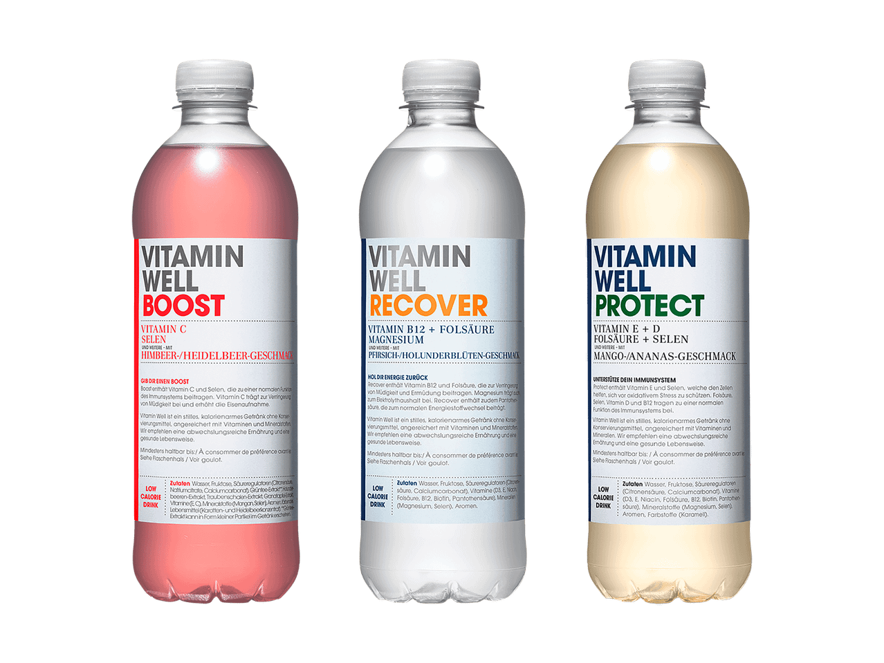 Trois bouteilles de Vitamin Well : Boost (rouge), Recover (transparent) et Protect (jaune).