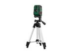 A green laser level mounted on a black and silver tripod.