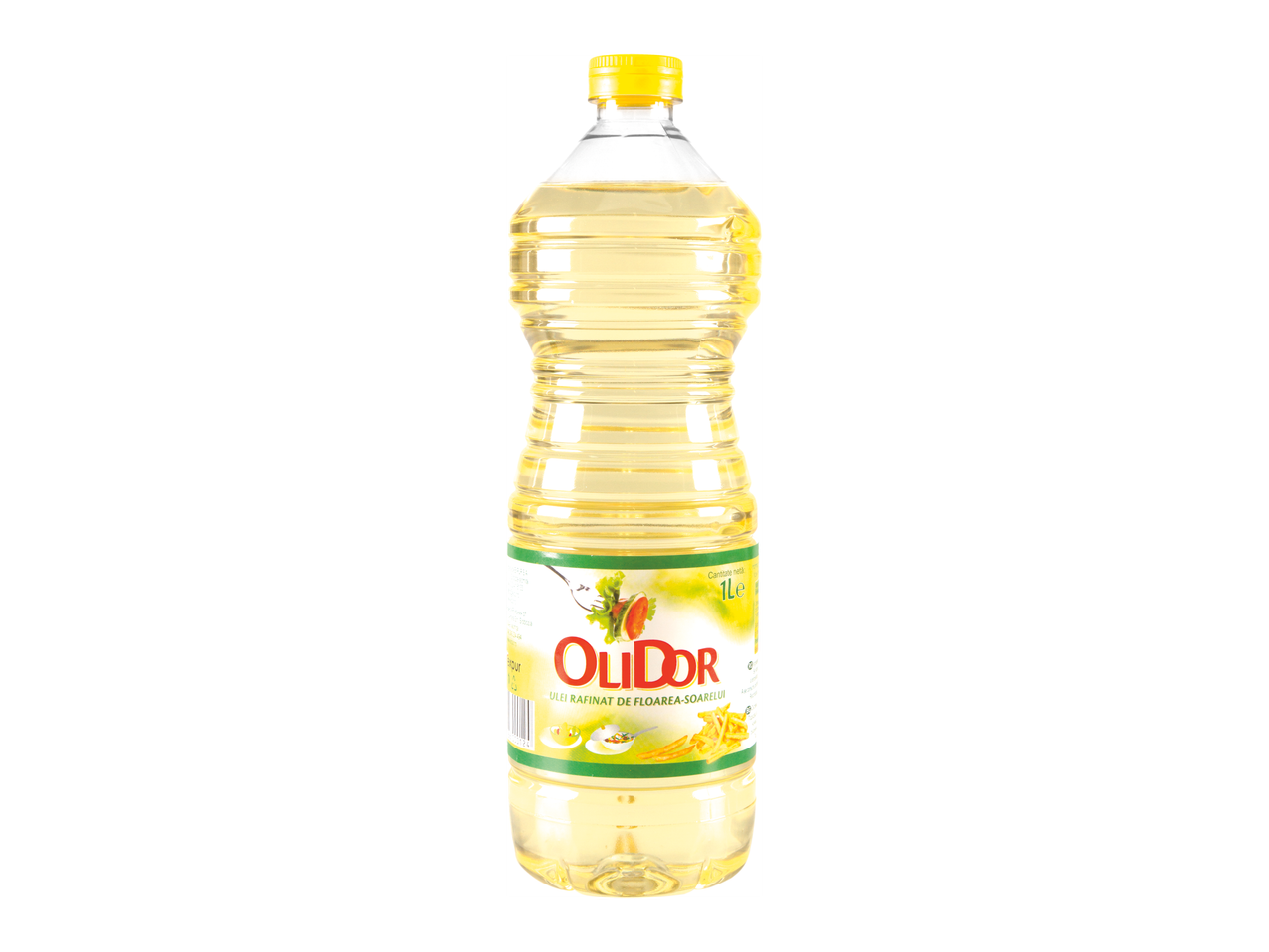 O sticlă de 1 litru de ulei de floarea-soarelui OliDor.