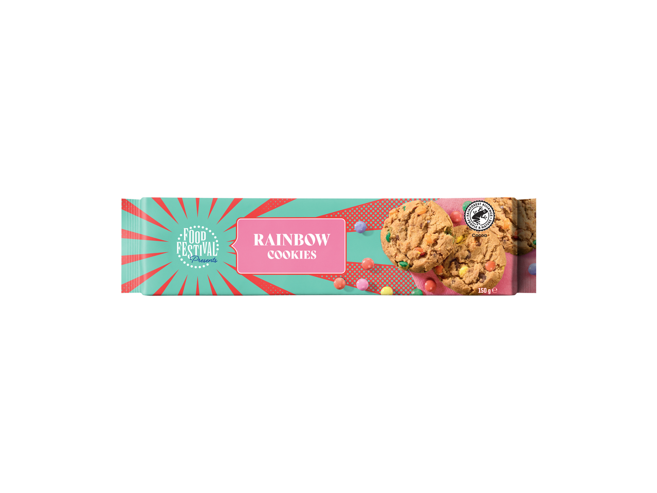 Verpakking van Food Festival regenboogkoekjes met kleurrijke chocoladesnoepjes, 150g.
