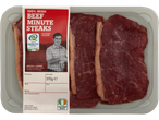 Pack of Irish beef minute steaks with a label featuring a farmer and product details.