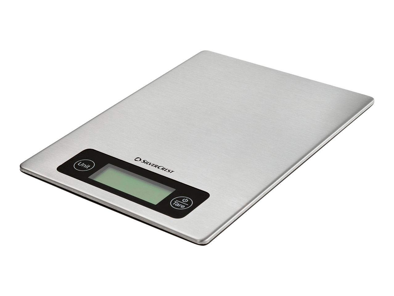 Stainless steel digital kitchen scale with a black display and two buttons, 'Unit' and 'Tare'.