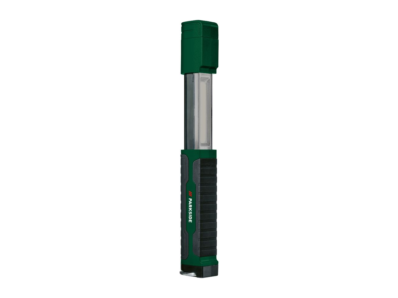Green and black LED work light with a rectangular head and textured grip.