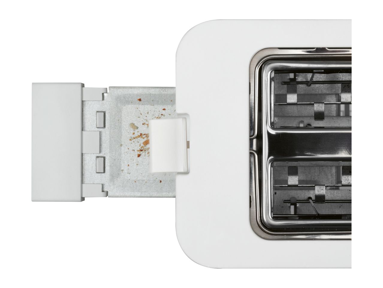 Close-up of a white LED light fixture with a connected power cable.