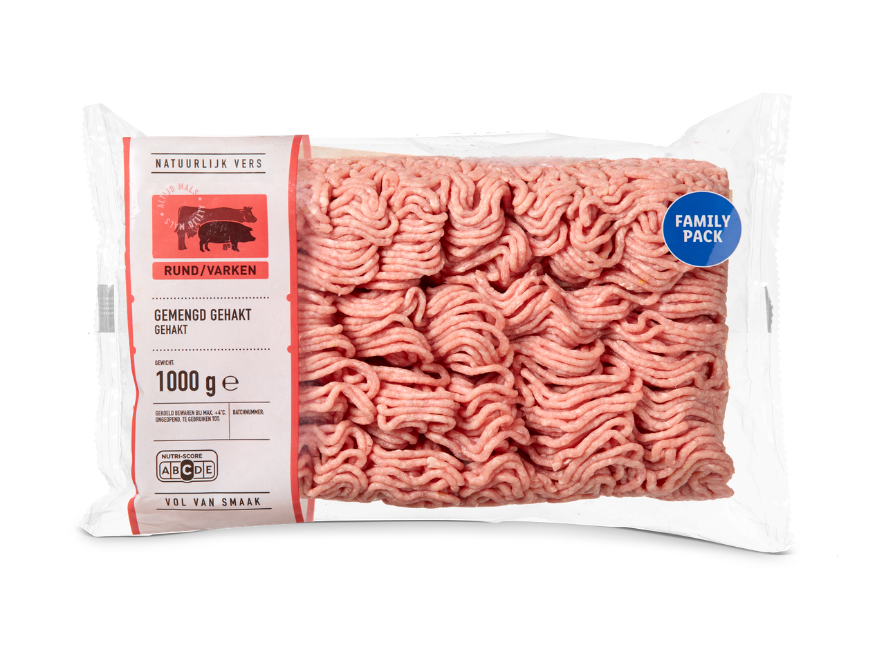Verpakking gemengd gehakt (rund/varken) van 1000g, met Nutri-Score A en 'Family Pack' label.