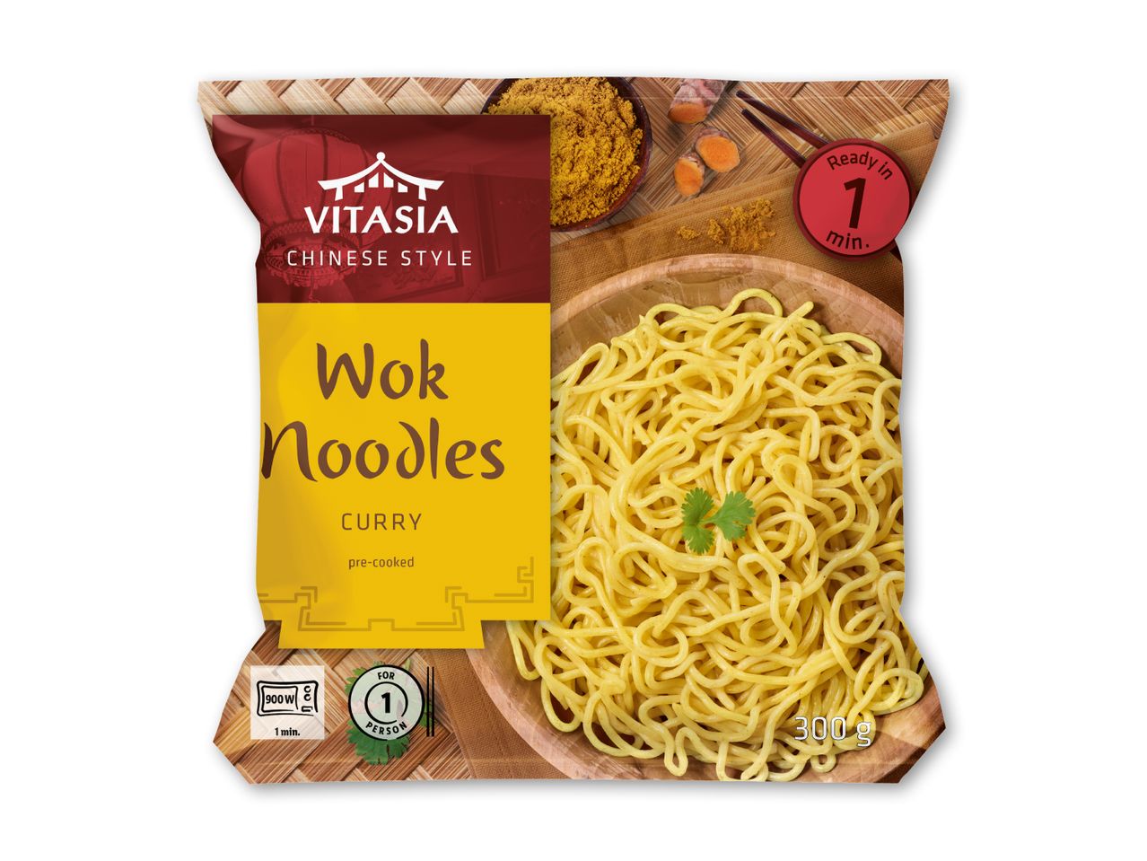 Woknudler med karry, forkogte og klar på 1 minut, til 1 person, 300 g.