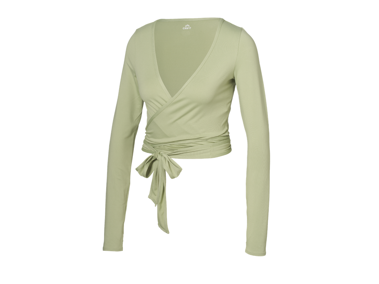 Дамска спортна блуза с дълъг ръкав в цвят мента, с прехвърляне и връзки на талията.