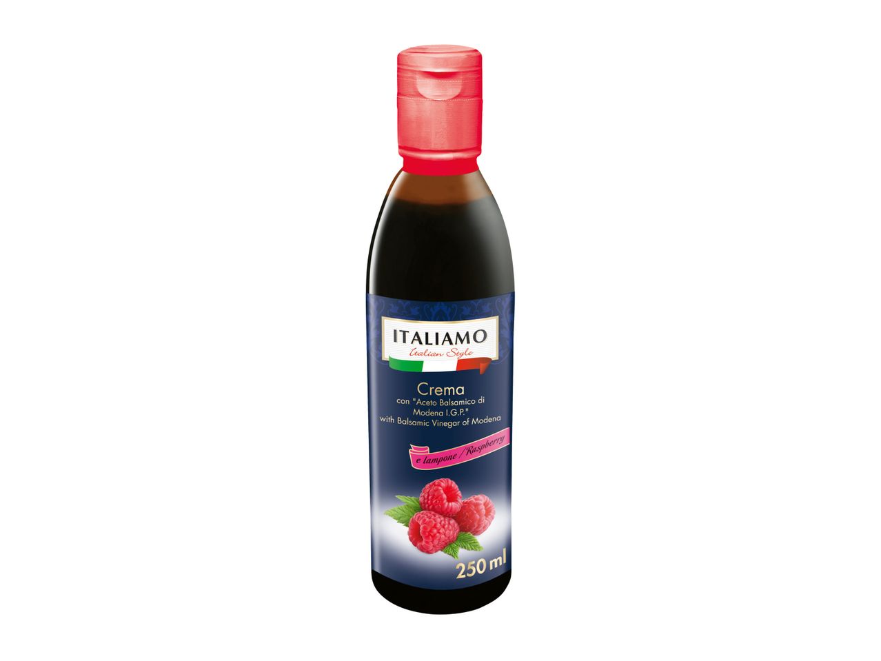 Italiamo balsamic vinegar of Modena with raspberry in a bottle.
