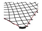 Close-up of a black cargo net with red cords, showing its knotted construction.