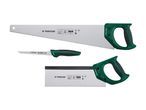 A set of three hand saws for wood, including a large hand saw, a small hand saw, and a hacksaw.