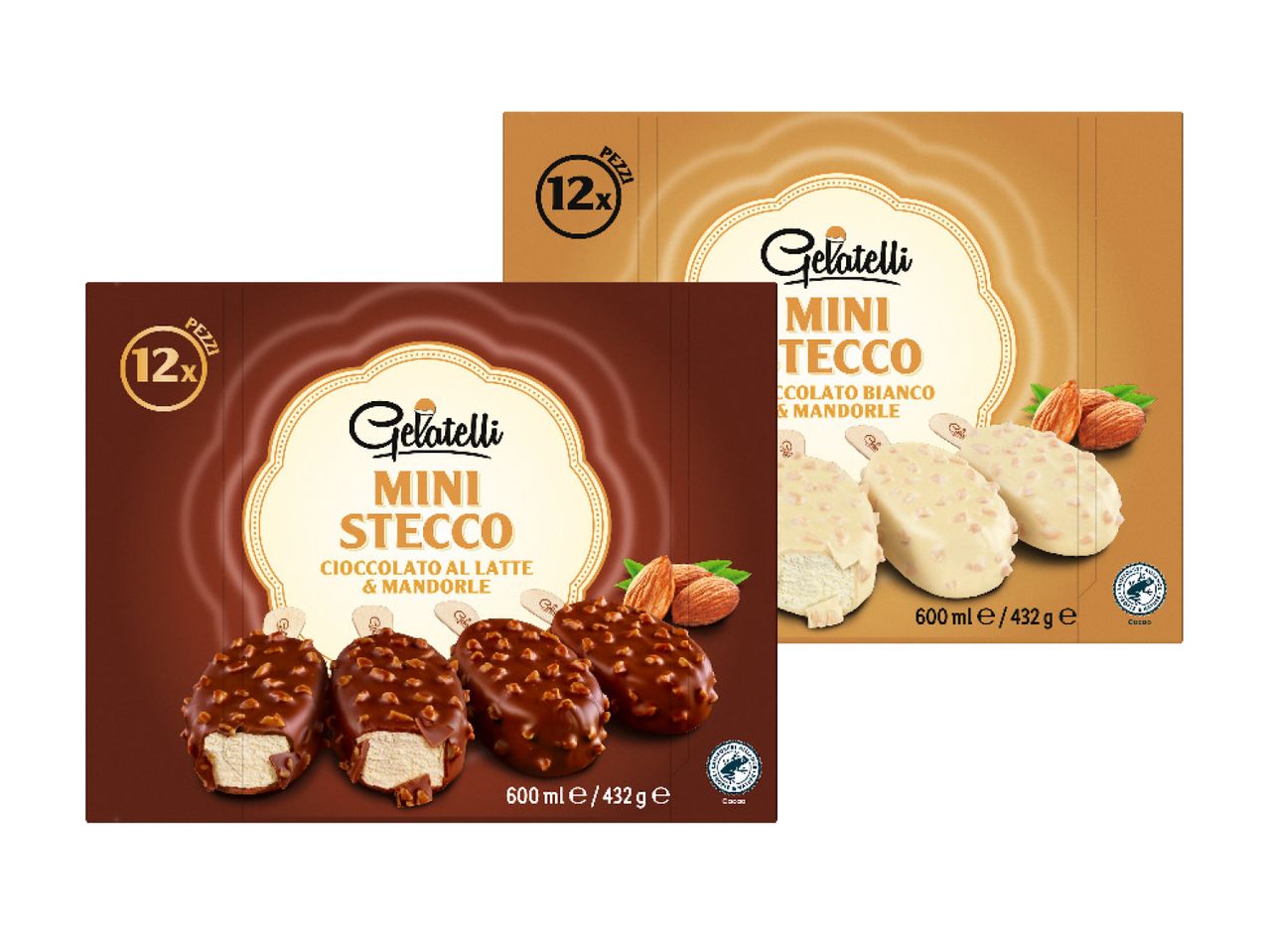Confezioni di gelati Gelatelli Mini Stecco al cioccolato al latte e bianco con mandorle.