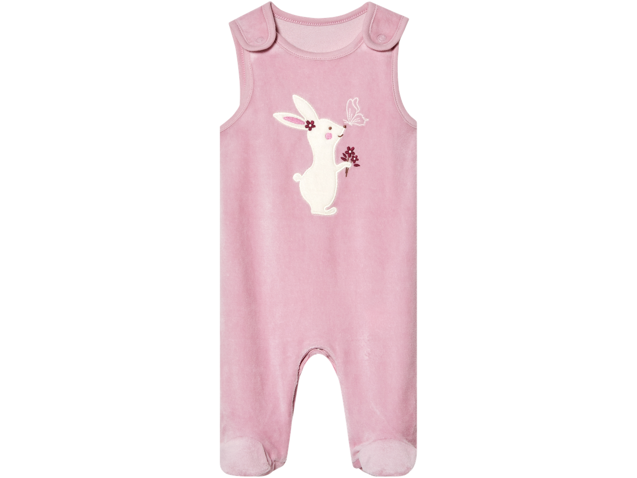 Roosa beebikombinesoon tikitud jänese ja liblikaga.