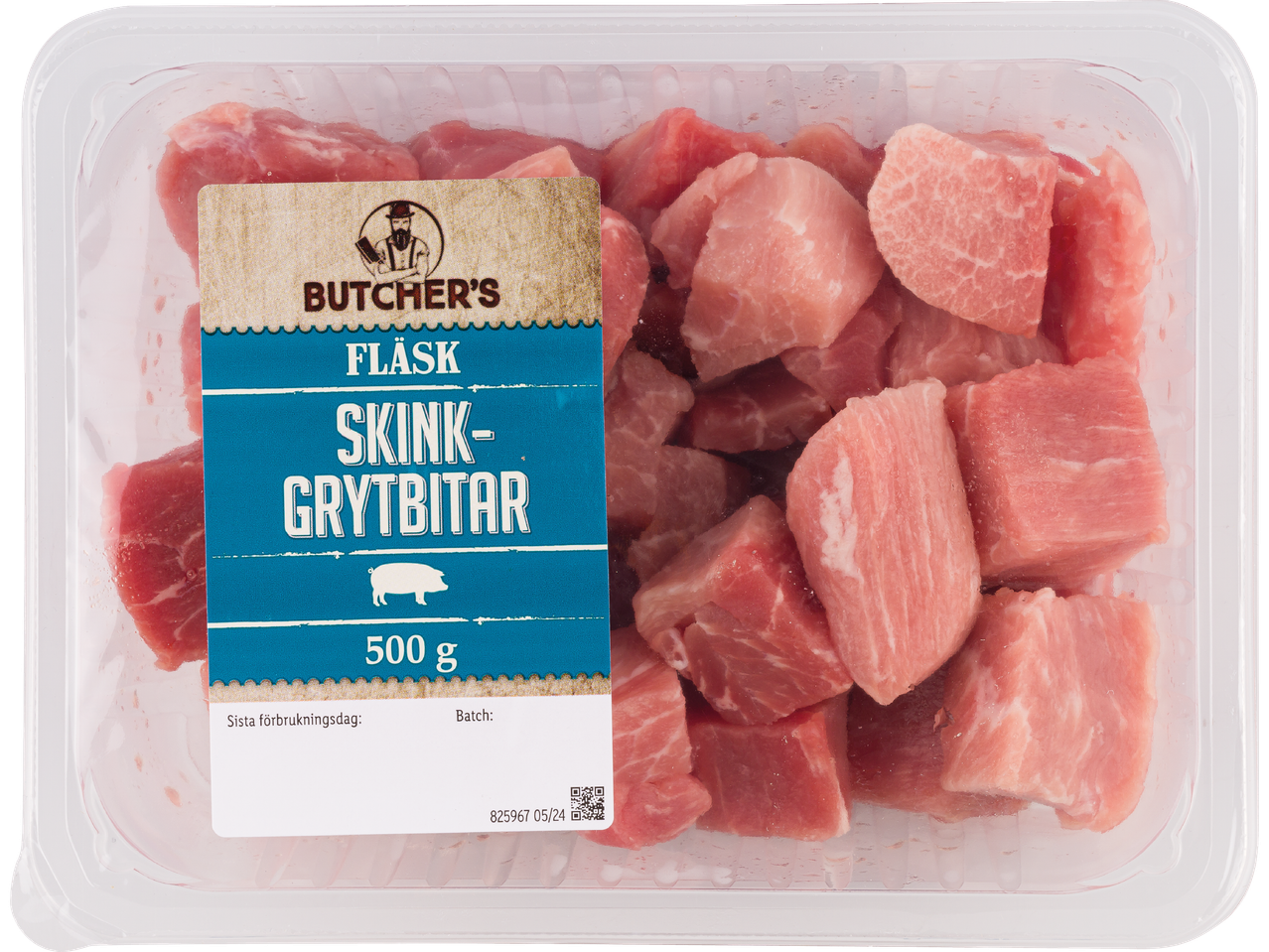 En förpackning med tärnat fläskkött, märkt som 'Skink-Grytbitar' och 500 g.