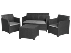 Synthetic wicker patio set: sofa, two armchairs, and coffee table.