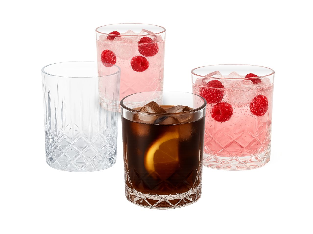 Four patterned glasses, one empty, one with cola and orange, and two with pink raspberry drinks.