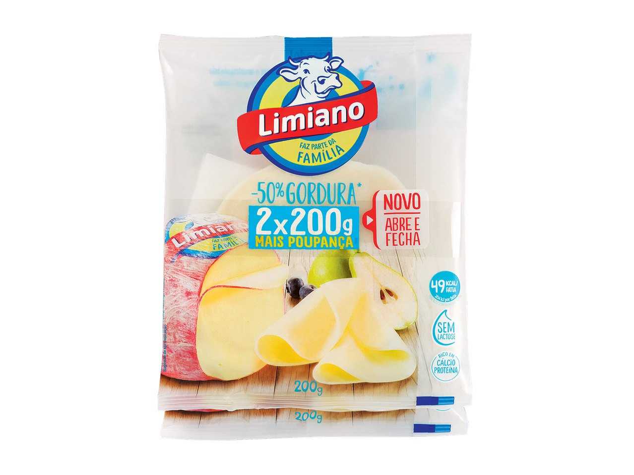 Limiano Fatias Light Embalagem Familiar com 50% menos gordura, 2x200g, sem lactose, rico em cálcio e proteína.