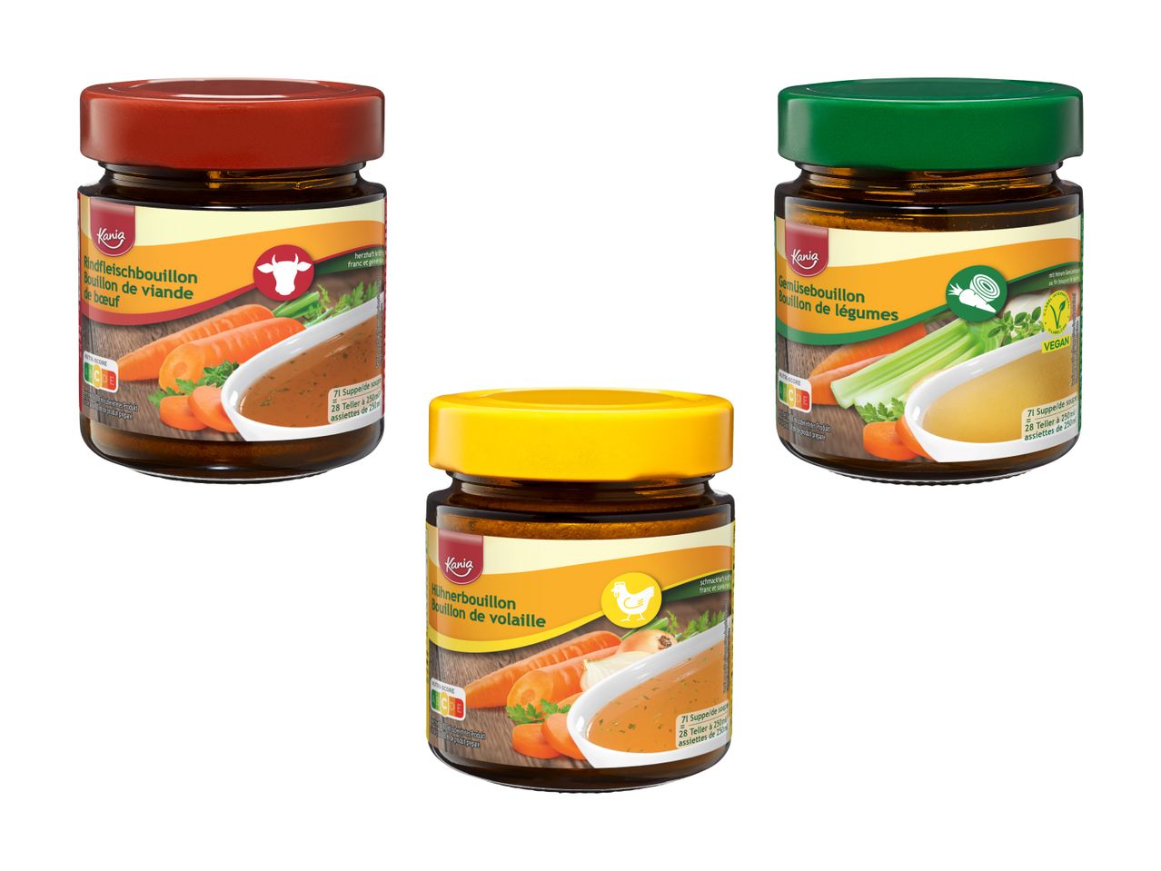 Drei Gläser Maggi Gemüsebrühe in verschiedenen Farben.