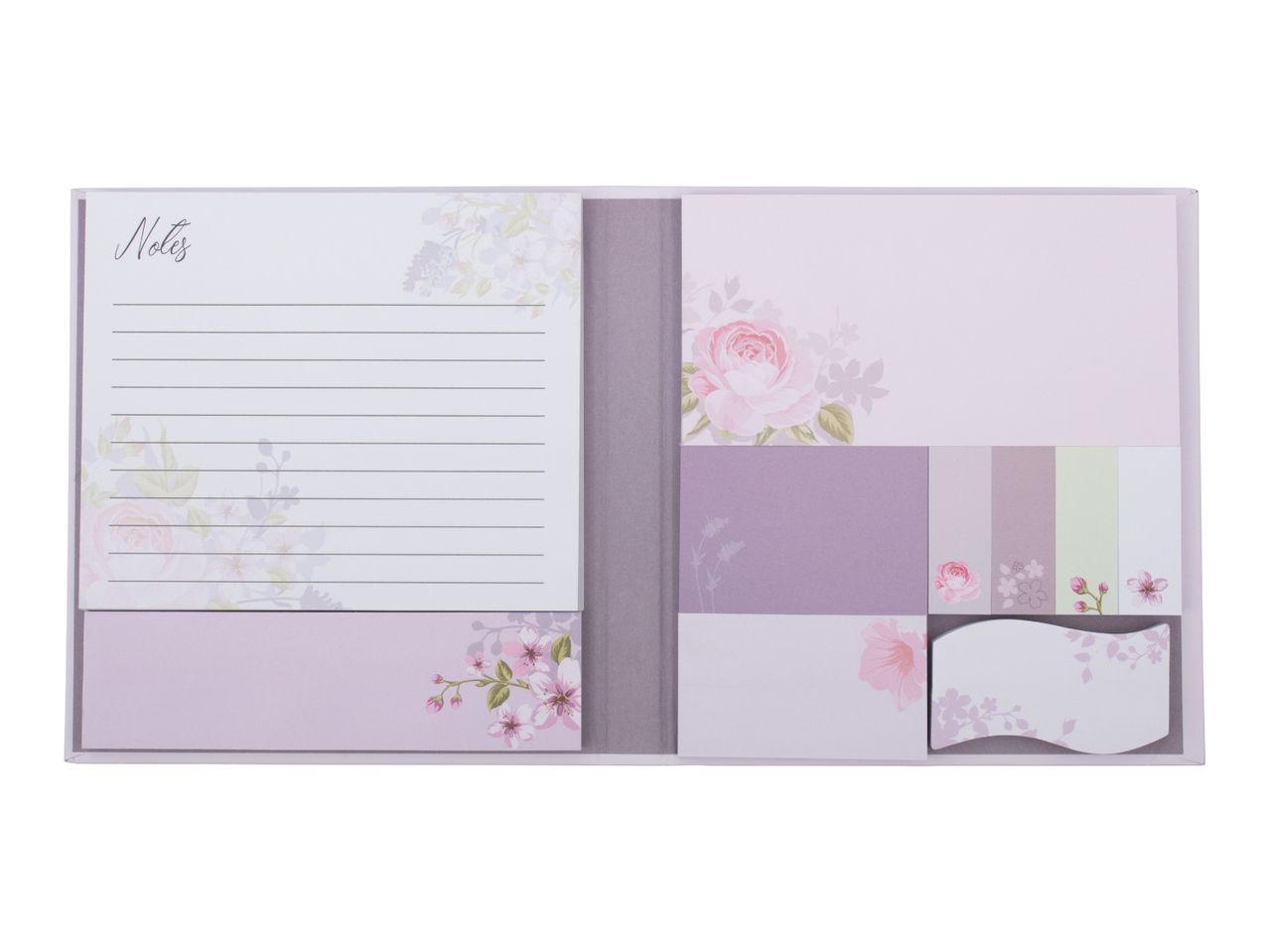 Floral-themed stationery set with a 'Notes' pad, sticky notes, and page markers.