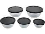 SILVERCREST® Glass Bowl Set with black lids, five bowls of varying sizes.